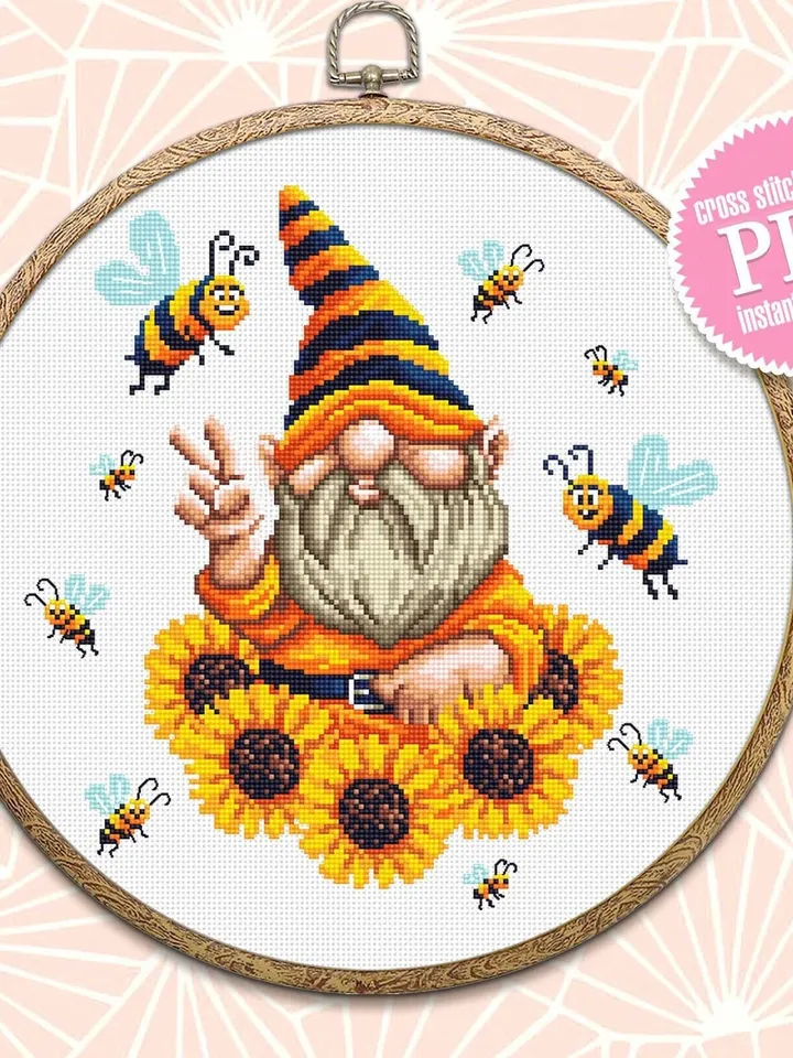 Sunflower gnome cross stitch pattern download PDF, Cute gnome pattern digital PDF, Bee gnome embroidery, Yellow sunflowers cross stitch #P34