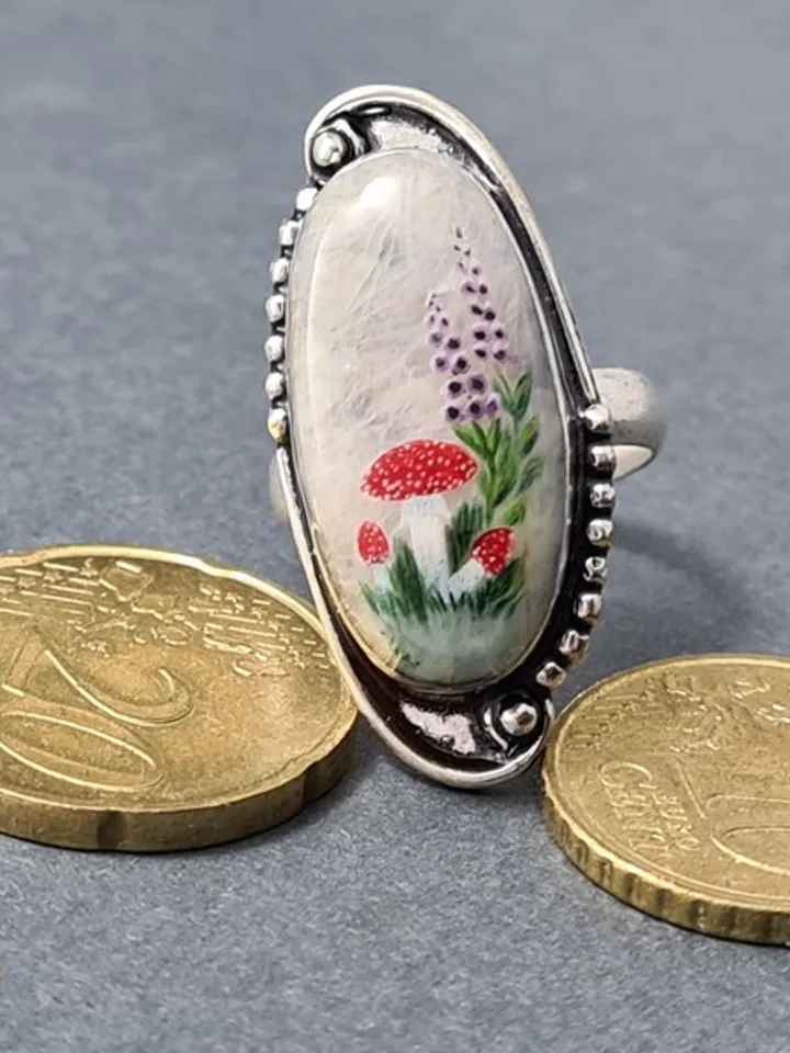 Moonstone ring Stone painting fly agaric Aaa large Moonstone ring 飛木耳環