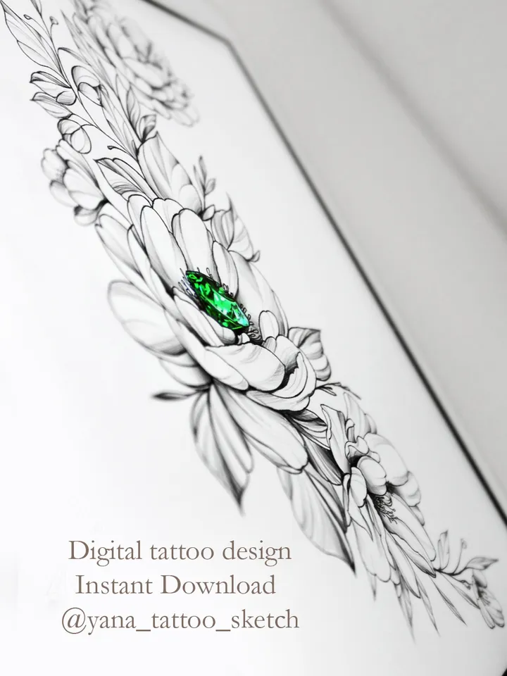 Peony Tattoo Design Fine Line Peony Flowers Tattoo Stencil Crystal Tattoo Idea Sketch, Instant download PDF, JPG