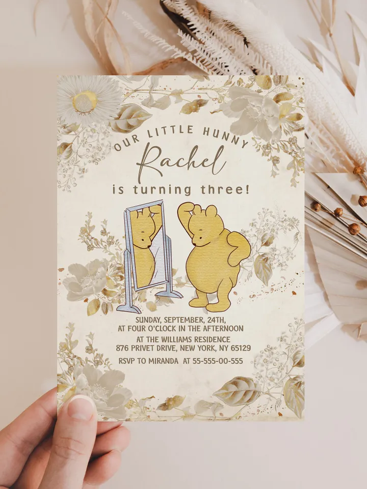 Winnie the Pooh Inspired First Birthday; Classic Winnie Pooh Invitations; Neutral Winnie Pooh Turning One; Winnie Pooh Birthday Party flw12