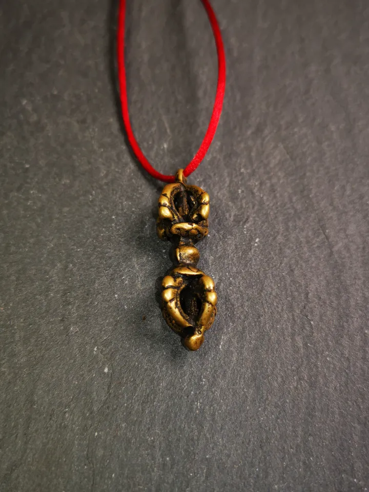 Gandhanra Tibetan Buddhist Amulet,Dorje Vajra Pendant with Leather Chord,Made of Brass,1.5"