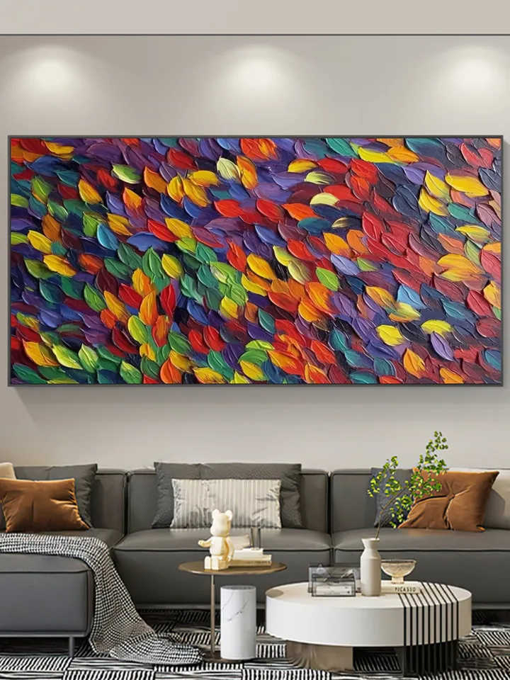 Original Rainbow Impasto Painting, Textured Abstract Art, Colorful Wall Art, 3D Canvas Art, Leaf Painting, Modern Art, Large Wall Decor