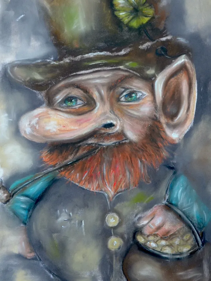 Leprechaun with a pot of gold,original soft pastel painting,irish leprechaun painting, irish gnome painting,saint Patrick day gift.