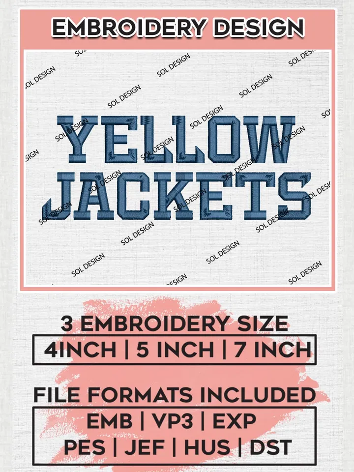NCAA Yellow Jackets Team Word Logo Embroidery Design Files, NCAA Georgia Tech Yellow Jackets Machine Embroidery, NCAA Teams, 3 sizes, NCAA Machine embroidery designs, Digital Download