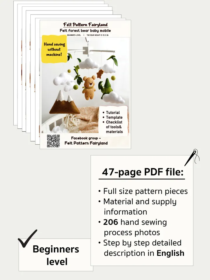 Felt woodland bear with clouds, spruce tree and mountain baby crib mobile hand sewing PDF tutorial with patterns. DIY forest nursery baby cot decoration