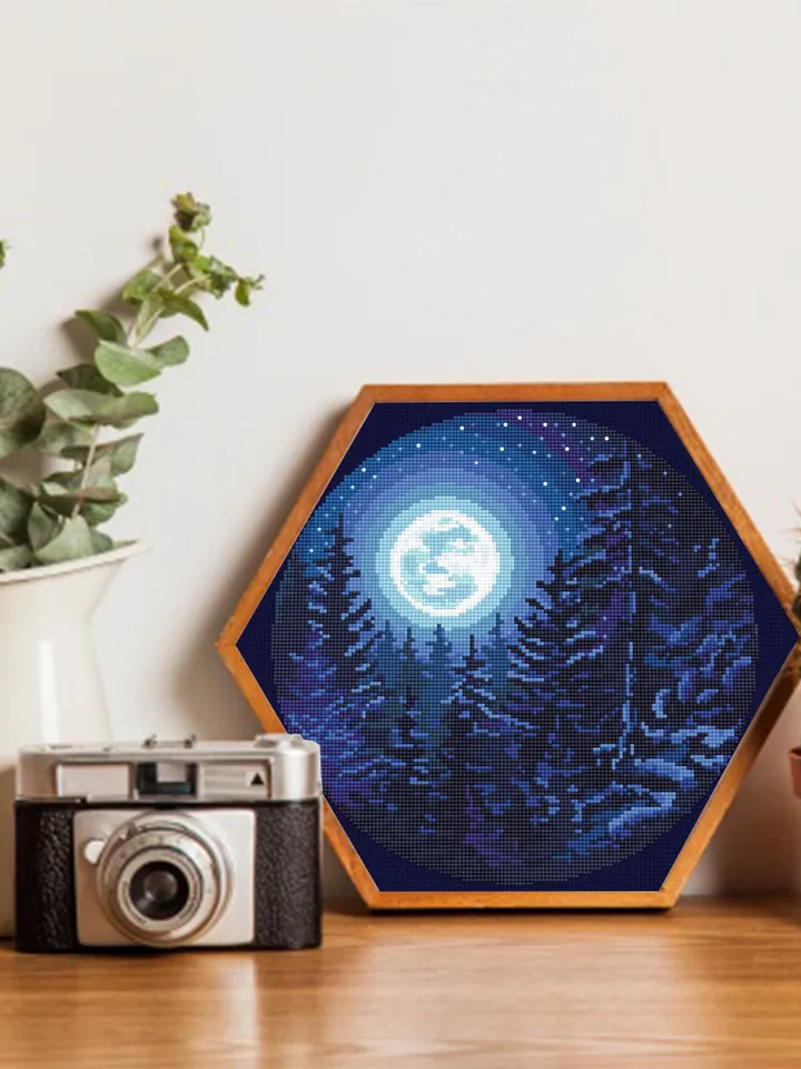 Nature cross stitch pattern download PDF Night landscape embroidery beginners Forest cross stitch Starry night sky Moon cross stitch #L19