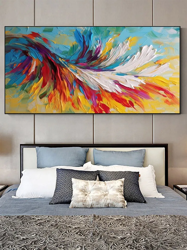 Large Oil Painting On Canvas, Original Colorful Feathers Painting, Abstract Painting, Custom Painting, Office Living room Bedroom Wall Art