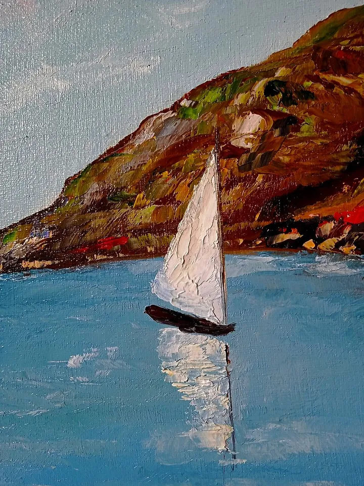 Landscape with sea White Sailboat Art Painting Original Painting on Canvas