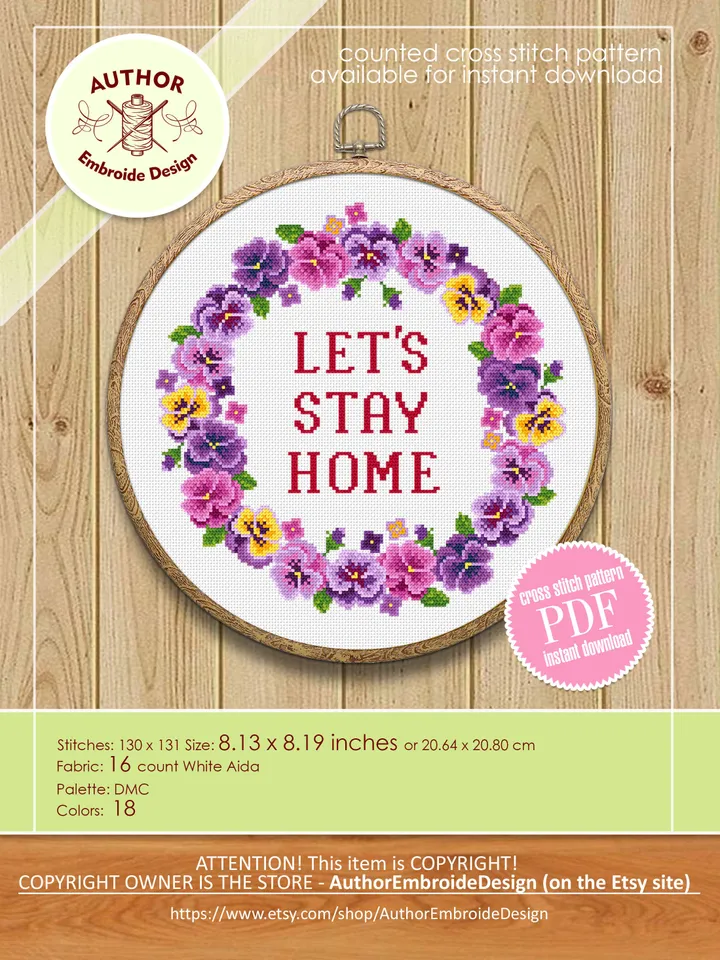 Flower wreath cross stitch pattern Lets Stay Home download PDF, Framed quote cross stitch chart, Floral border cross stitch, Home decor #Q6
