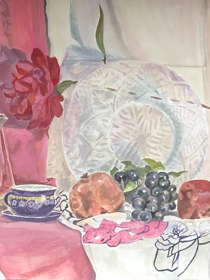 Original gouache painting still life with pomegranates and grapes wall art 11.6 x 16.4'' inches