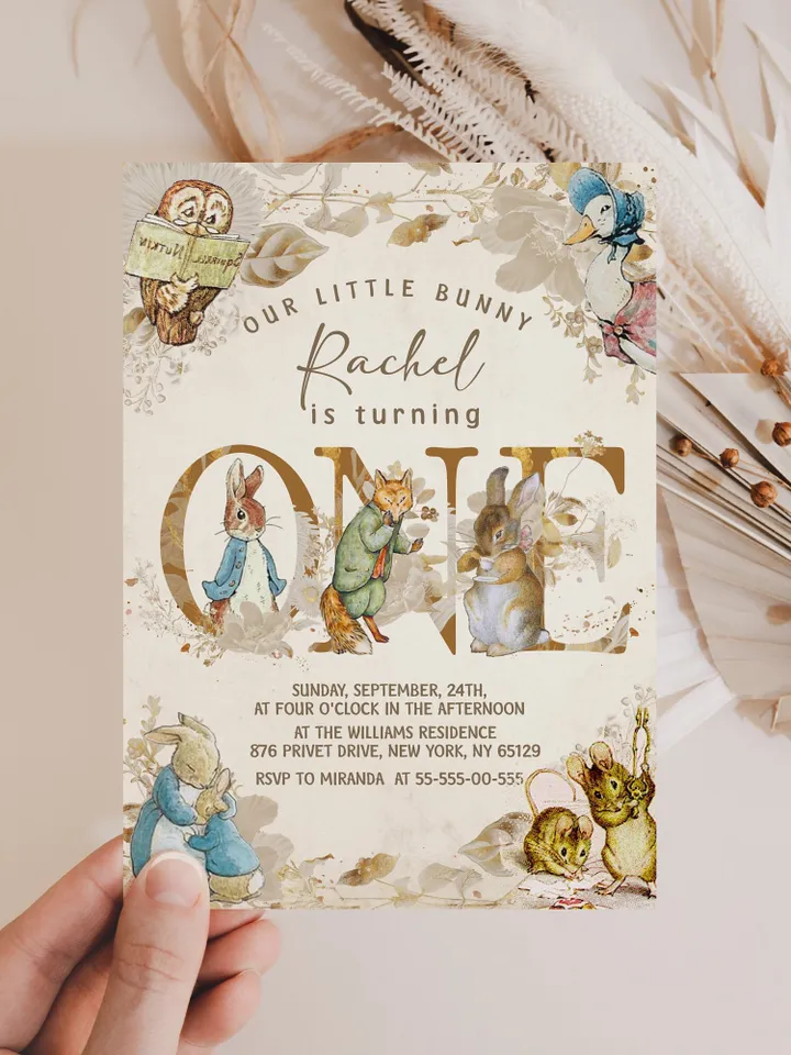 DIY Classic Peter Rabbit First Birthday Invitation; Peter Rabbit neutral birthday any age editable template; tale of peter rabbit pr1