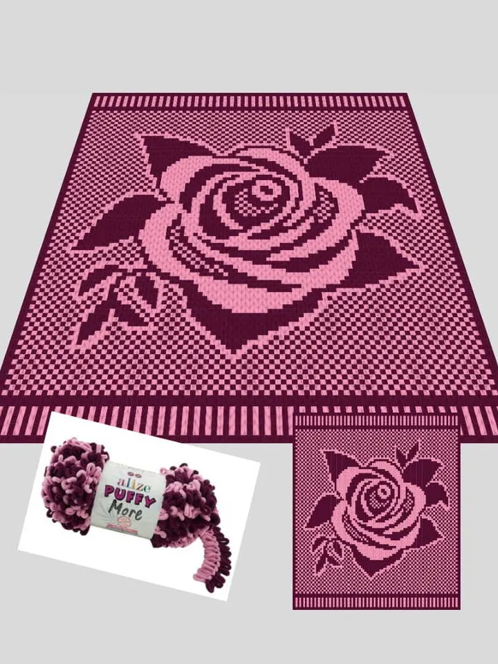 Loop yarn Finger knitted Rose Flower blanket pattern