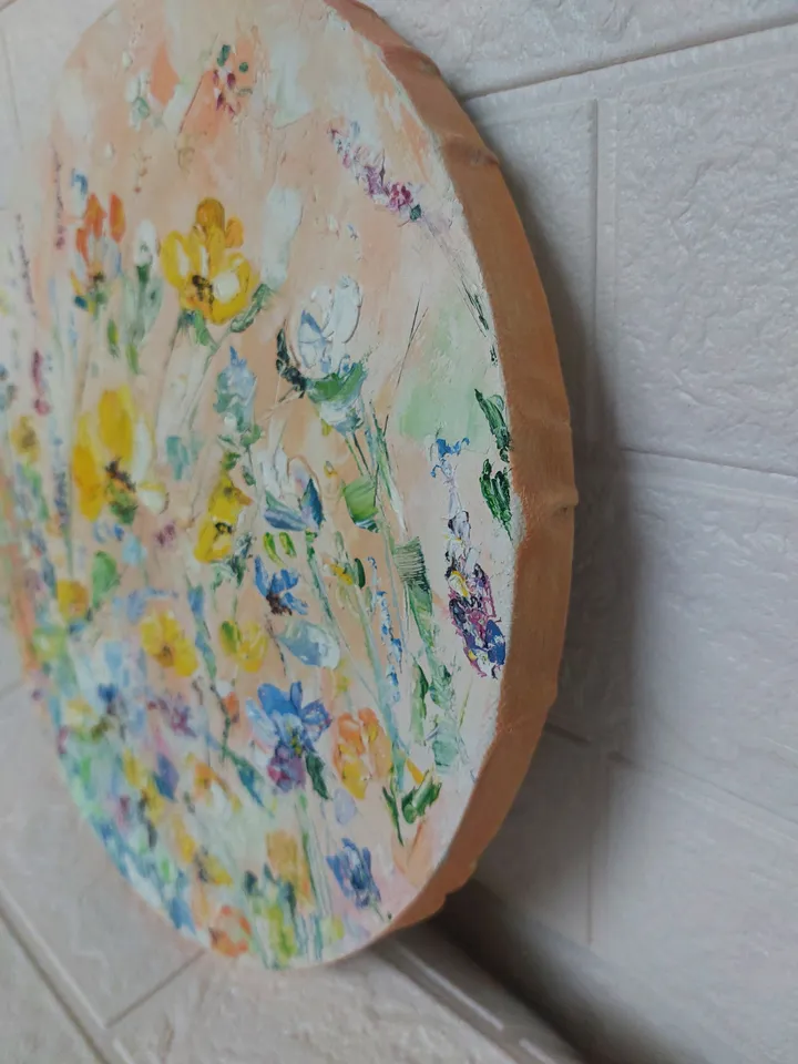 Oil painting on round canvas with "Tender Flowers" 12x12 inches.