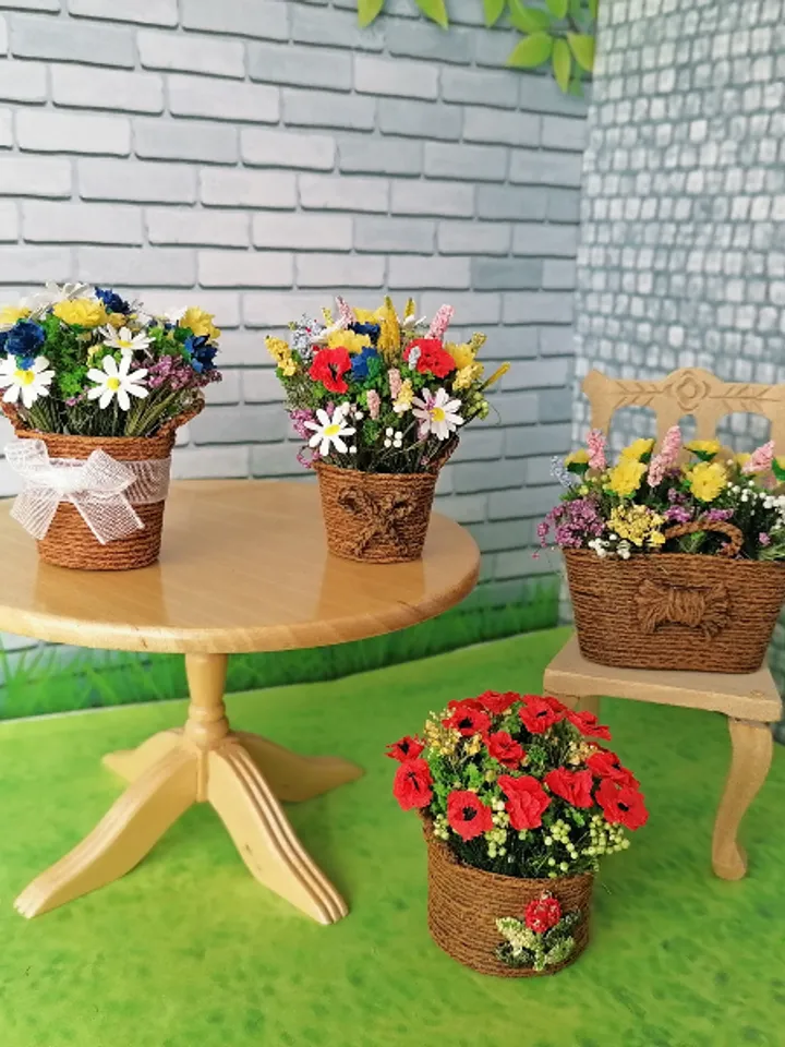 Wildflowers in baskets. Puppet miniature.1:12 scale.