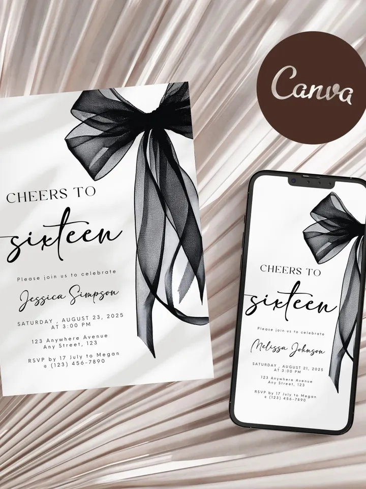 Coquette Black Bow 16th Invitation, Editable Sixteenth Birthday Party Invite, DIY Digital Black Ribbon, Cheers to Sixteen Invite