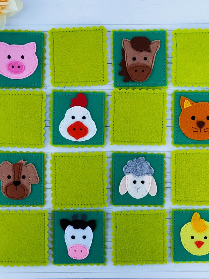 Felt memory game PDF Pattern, Farm animals Matching Cards, Educational toys for kids, Felt toy pattern, Travel Toys for toddlers