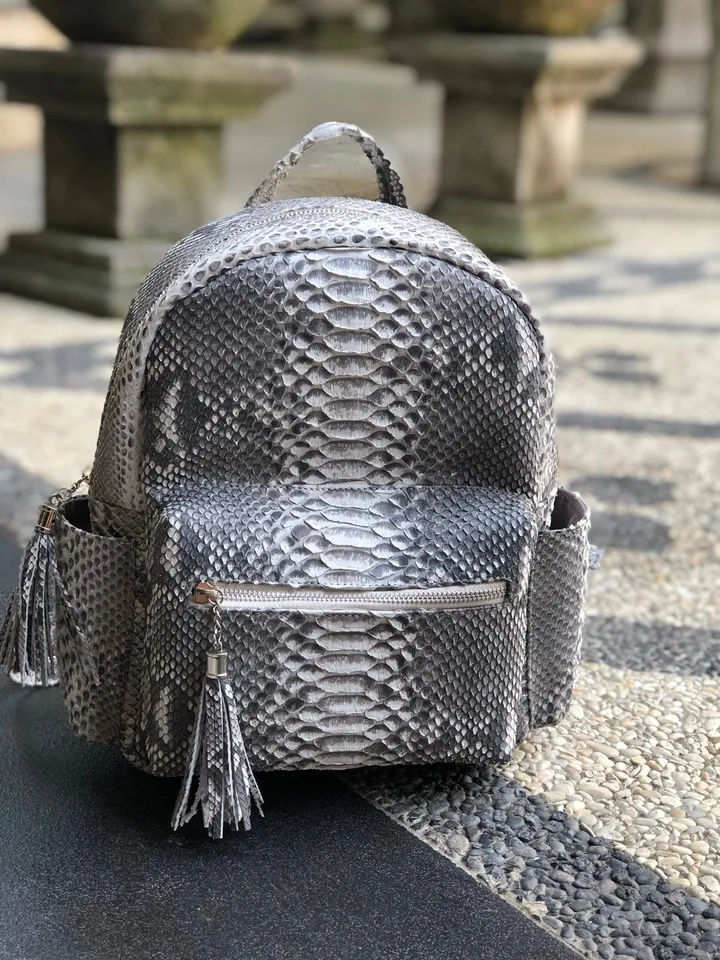 Genuine Python Skin Backpack Grey Woman Classy Elegant Backpack Leather, Woman Handmade Backpack Genuine Snakepint Pythonprint Natural Trend