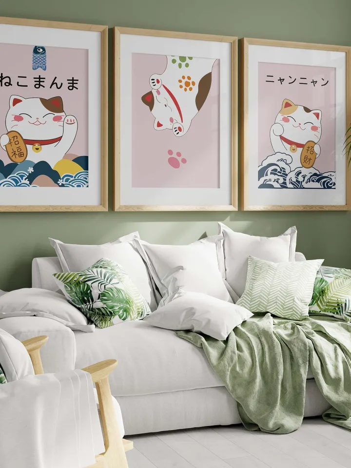 Japanese Style Poster Lucky Cat Printable Wall Art Cute Animal Art Print Modern Cartoon Wall Art Picture for living room Digital Home Decor
