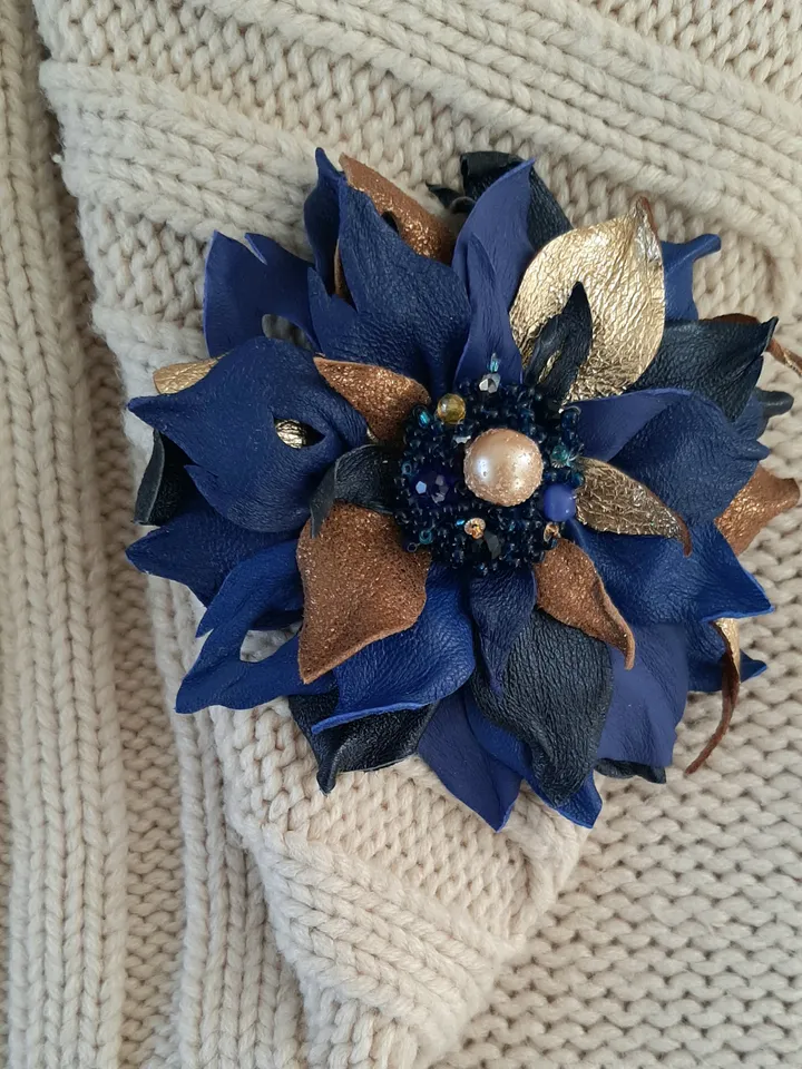 Blue leather brooch for her , 3rd anniversary gift for wife, Leather women's jewelry