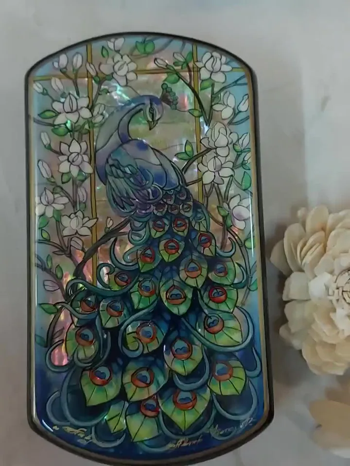 Beautiful Lacquer Box "Peacock" Hand painted miniature painting jewelry box Mother of pearl Papier mache Art gift Fedoskino
