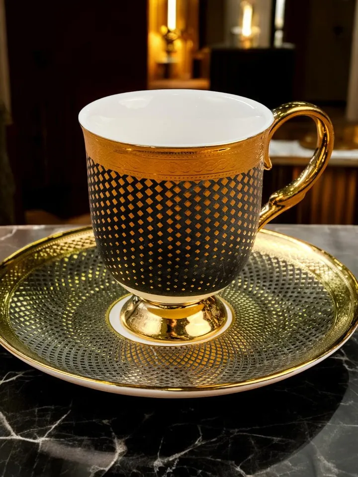 14K Gold Powder Black Porcelain Tea Cups And Saucers | Tea Cups Saucers Set | Gold Porcelain Set | Elegant Teaware | Gift For Tea Lovers