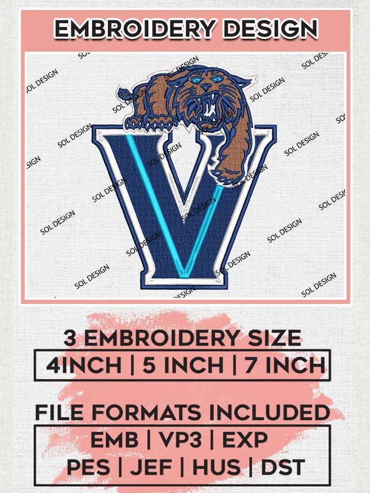 NCAA Villanova Wildcats Mascot Logo Machine Embroidery Design, NCAA Villanova Wildcats Embroidery Design Design files, NCAA Team Embroidery Designs, NCAA Machine Embroidery Designs, Digital Download