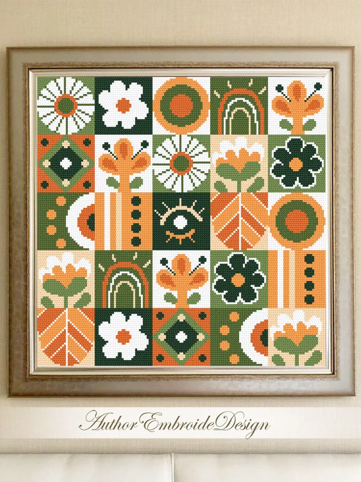 Floral boho cross stitch pattern PDF download Scandinavian folk cross stitch chart for beginner, Abstract flowers pattern digital PDF #P49
