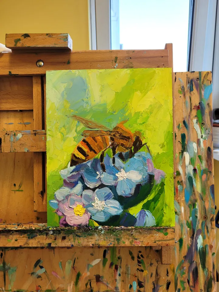 Forget Me Not Flower Honey Bee Painting Original Art Impasto Oil Painting 8x10 Birthday Gift Bee Artwork Blue Flower Wall Art by ArtFromVictoria
