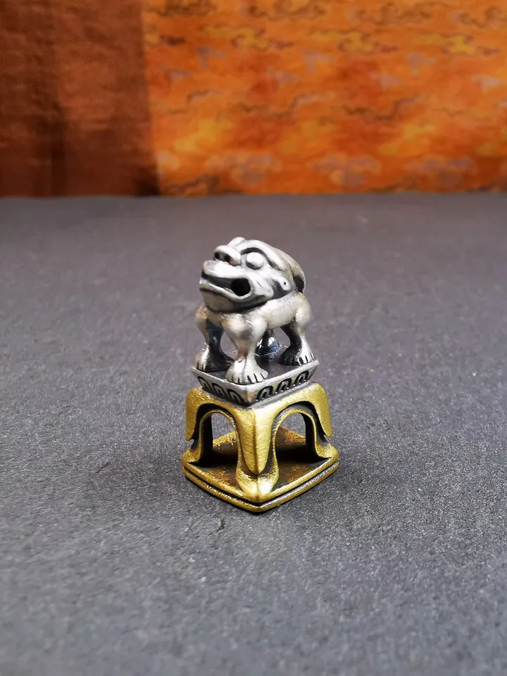 Gandhanra Tibetan Buddhism Seal Amulet,Snow Lion Shape with Kalachakra Symbol,Handmade of Silver and Brass, 0.9&quot;