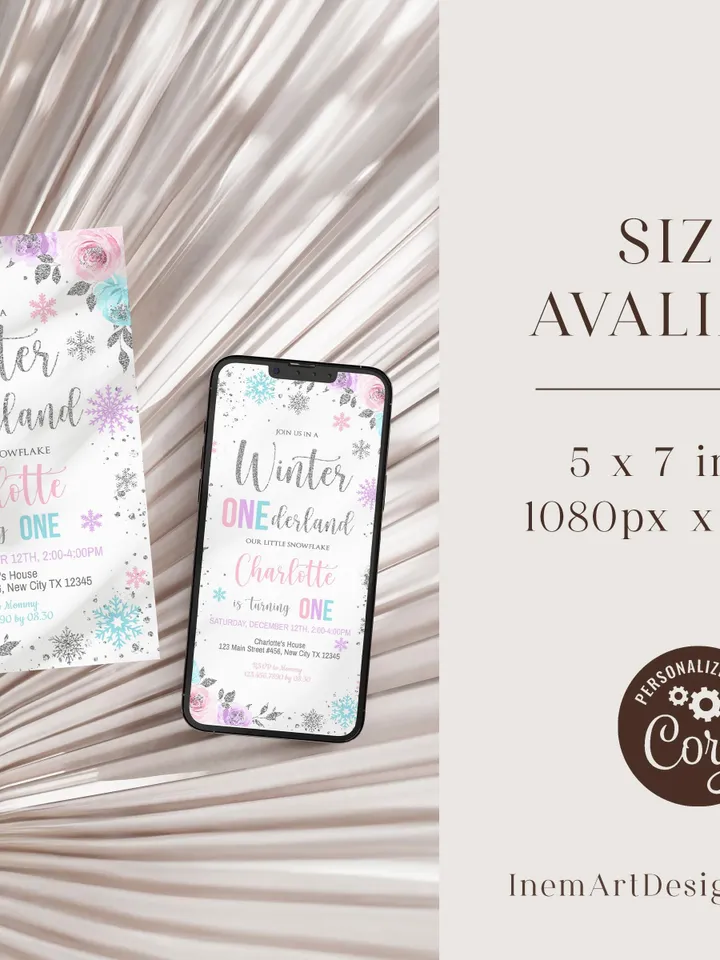 Winter Onederland Birthday Girl Invitation, Winter Wonderland 1st Birthday Invitation, First Birthday Snowflake Editable Template i098