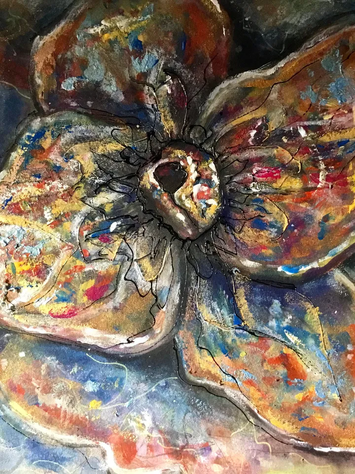 Fantasy magic flower original watercolour mix media artwork, unique gift,flowers painting