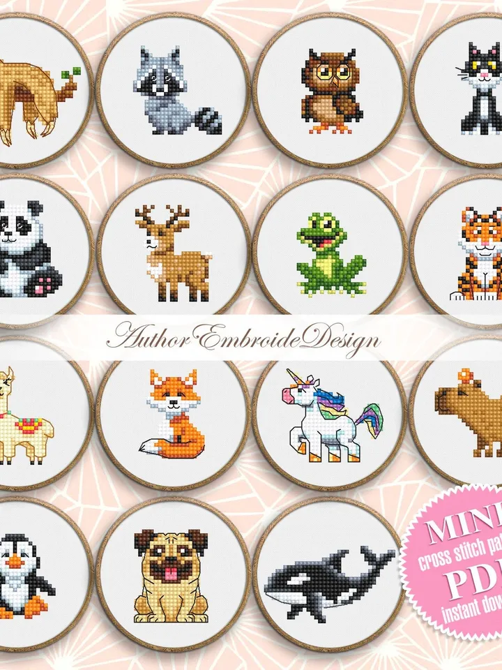 Mini animal cross stitch pattern PDF download Set of 15 animals cross stitch chart, Small animal pattern digital PDF, Beginner xstitch #K50