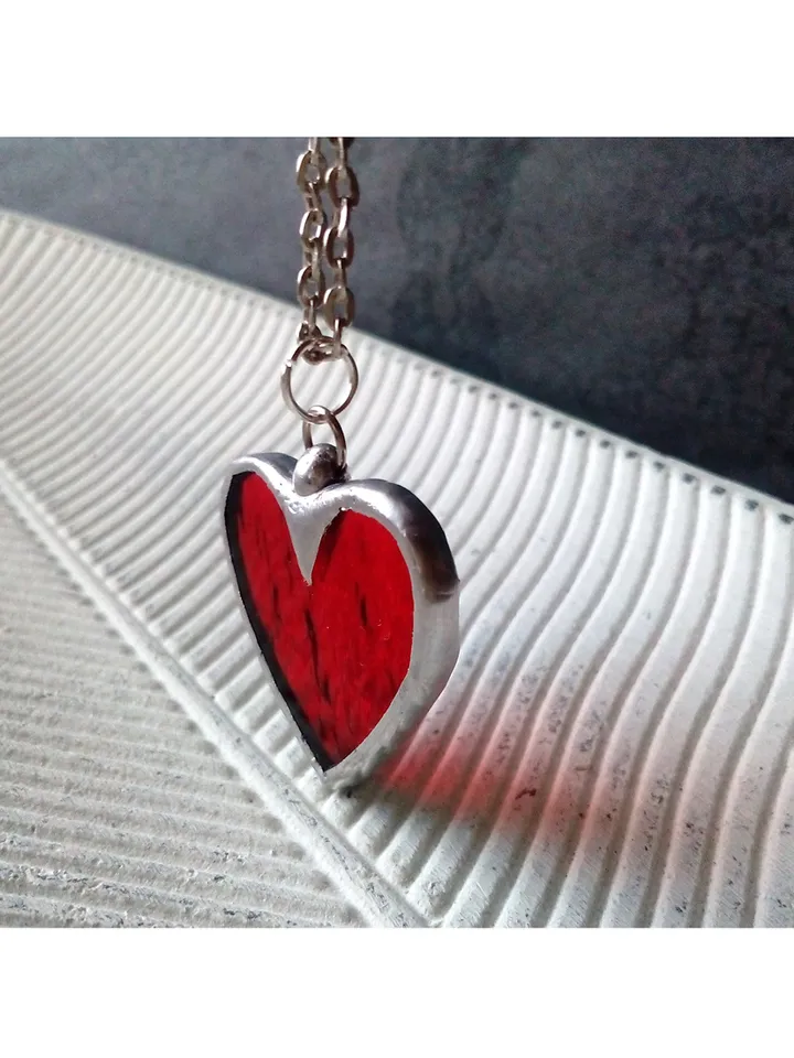 Red heart glass necklace, Love pendant, st Valentine scarlet heart necklace, kawaii pendant