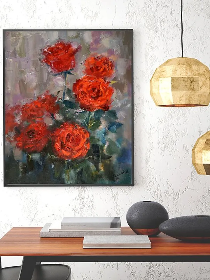 Roses Painting Red Flowers Artwork Floral Canvas Original Art Impressionism 油畫原作