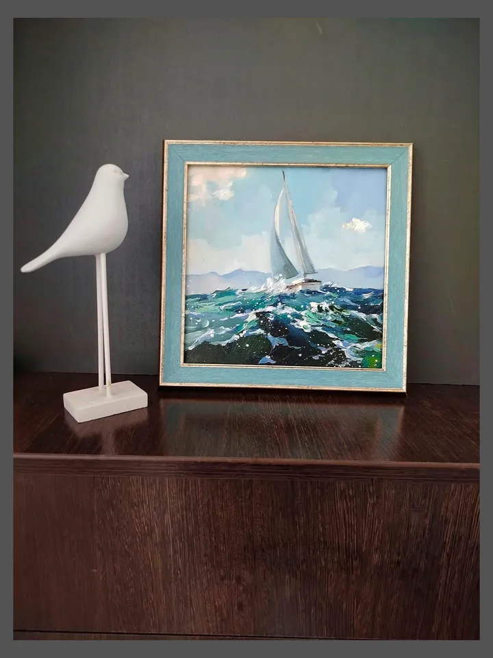 Original Oil Painting Seascape Sailing Yacht Wall Art Impasto Artwork Canvas Painting 8 by 8 inches by Natalia