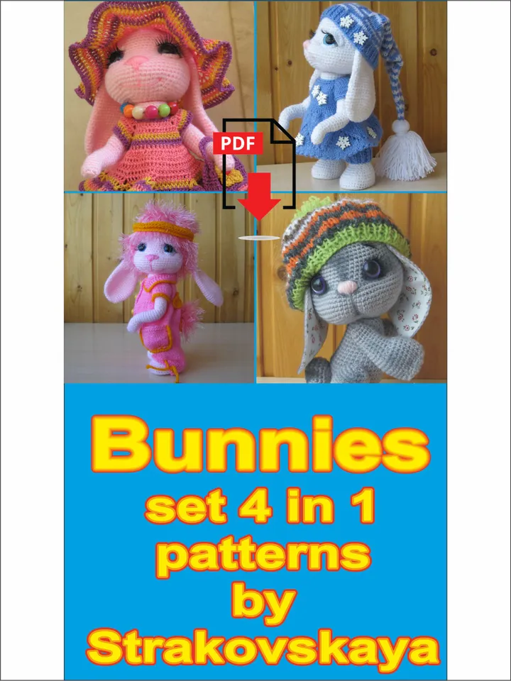 Crochet pattern Set 4 in 1: Bunny Roseatte (crochet and knitting), Bunny Sunny, Bunny In Beret and Bunny in Blue
