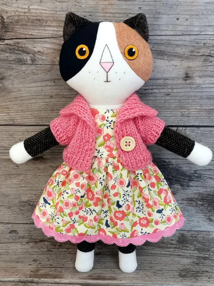 Calico cat, handmade stuffed doll, wool plush kitten toy, soft textile cat
