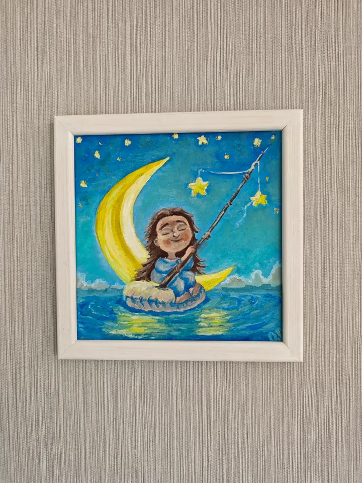 Girl Original Painting Funny Girl Art Doll Moon Original Artwork Funny Doll Wall Decor Cute Girl Original Art Girl Room Wall Decor Cartoon Girl Oil Painting 8 x 8 inches by OlgaSokolovaArt