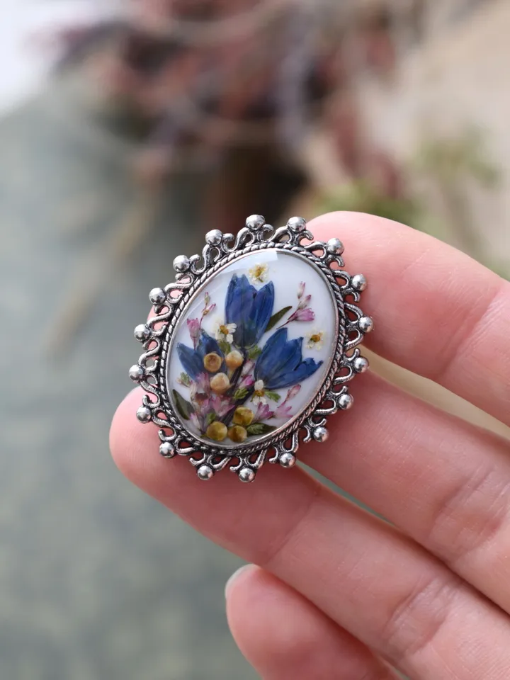 Real Flower Brooch. Brooch with Scilla in resin. Summer Brooch.