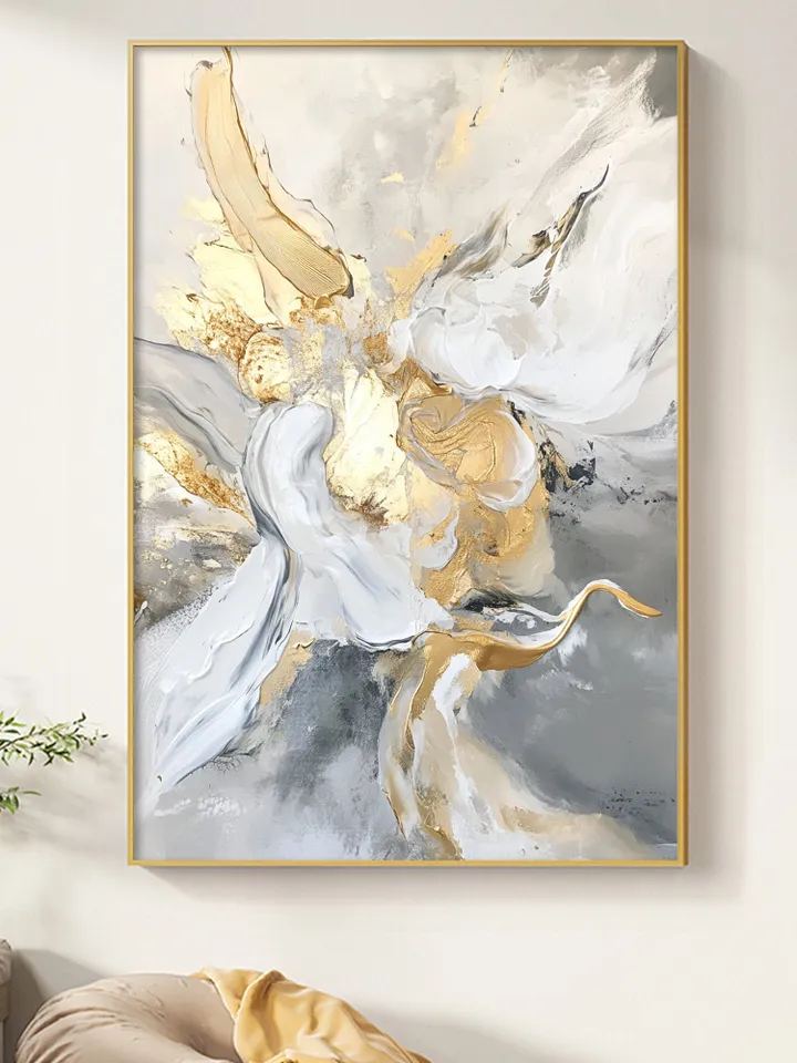 Hand-Painted Abstract Oil Painting | Modern Wall Art with Gold and Gray Accents | Elegant White and Silver Home Decor for Living Room