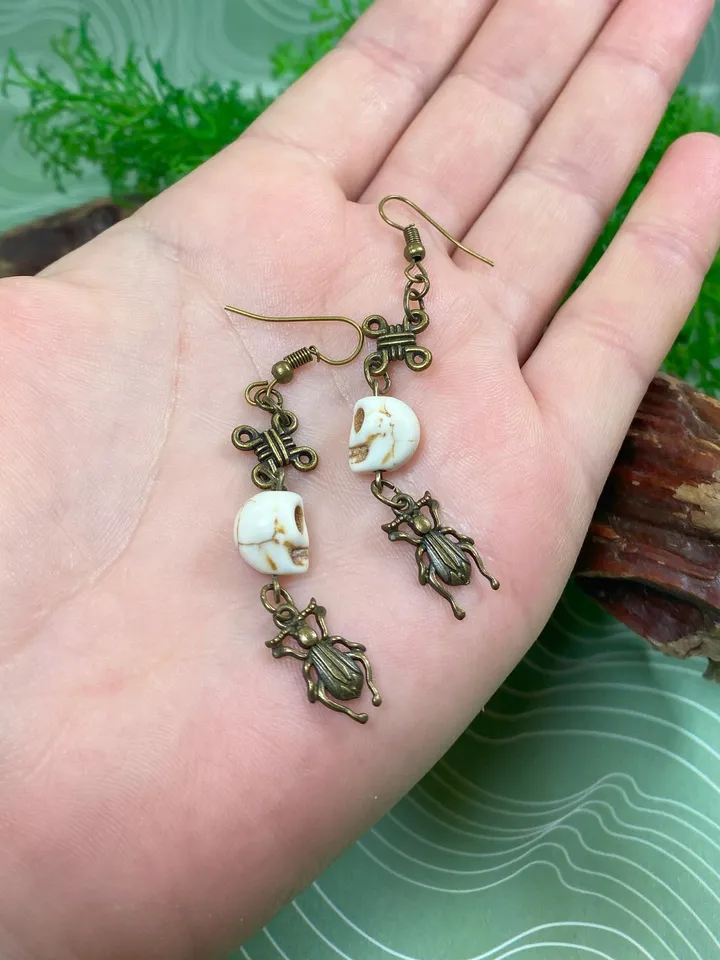 Earrings with skulls and beetles. Handmade bronze earrings.