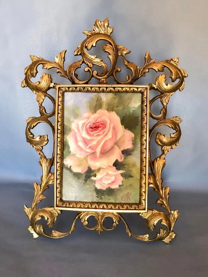 Pink Roses Painting Framed Antique Metal Frame Shabby Chic Painting