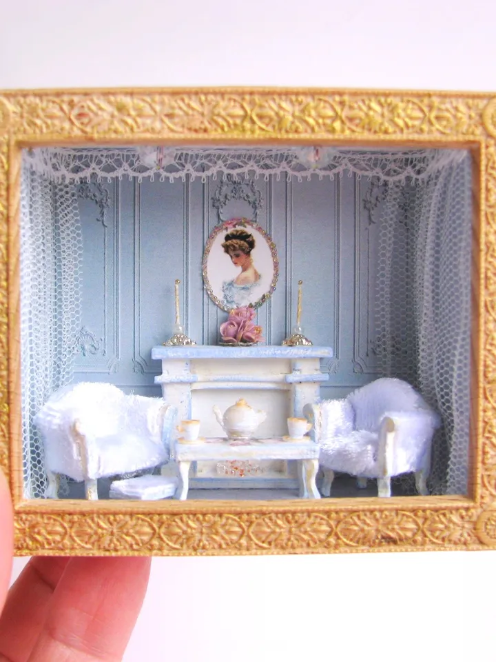 Roombox Miniature Dollhouse with Furniture 1/48 Blue Living Room