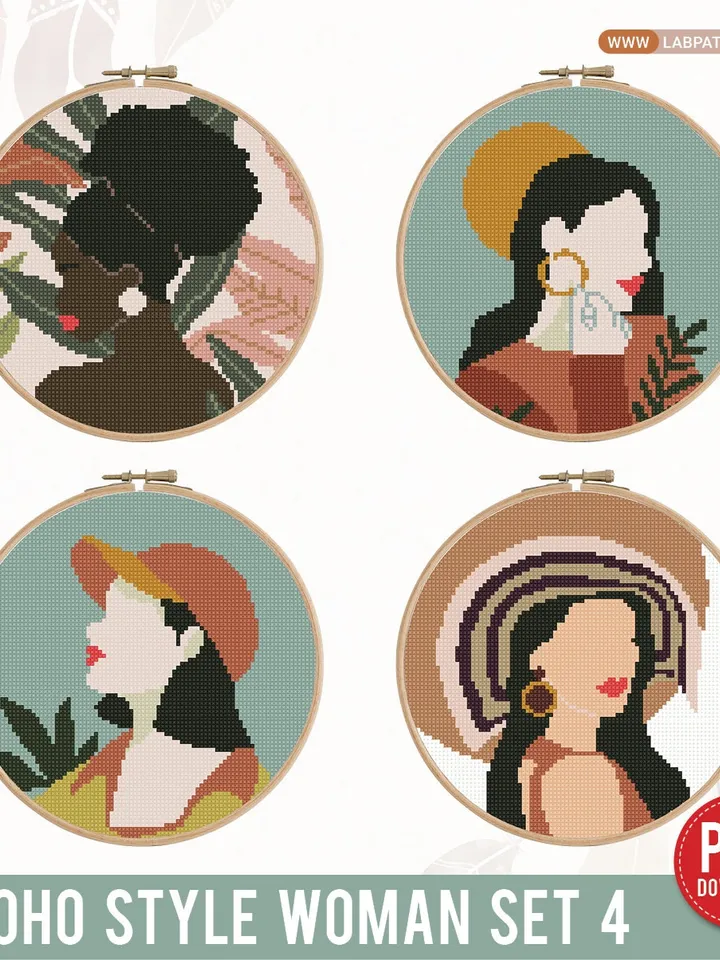 Bundle of 4 woman boho style cross stitch pattern Floral nature girl home decor counted chart gift DIY embroidery beginner instant PDF
