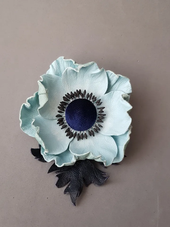 Sky blue leather brooch for her, Leather women's jewelry