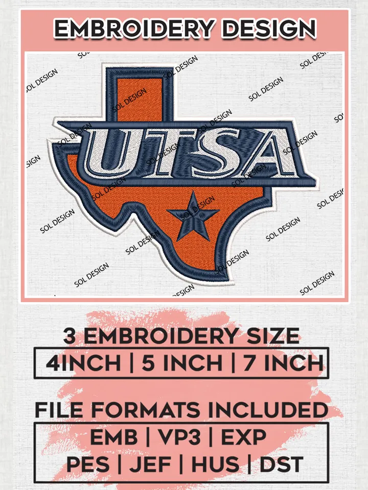 NCAA UTSA Team Map Logo Embroidery Design Files, NCAA UTSA Roadrunners Machine Embroidery, NCAA Teams, 3 sizes, NCAA Machine embroidery designs, Digital Download