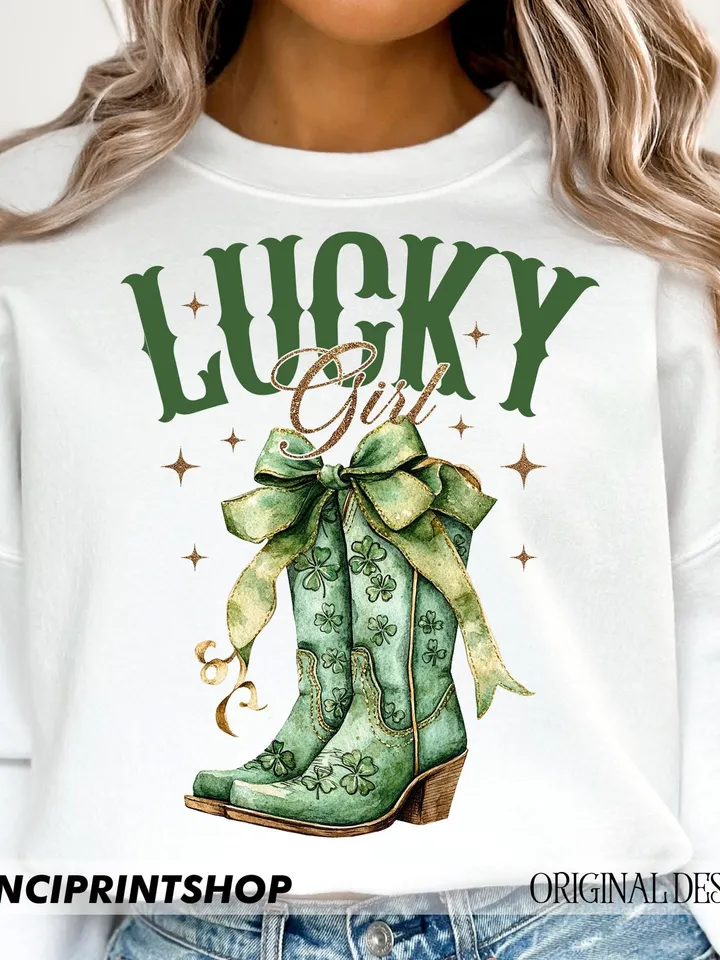 Lucky Girl PNG, St Patrick's Day Cowboy Boots png, Aesthetic png, Green Shamrock Bow png, Lucky St Patrick's Day png, Cowgirl png, Shamrock