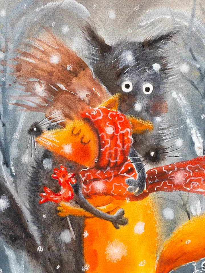 27×27cm Artwork by Julia Schigal "Winter Date" - watercolor, gouache, pastel
