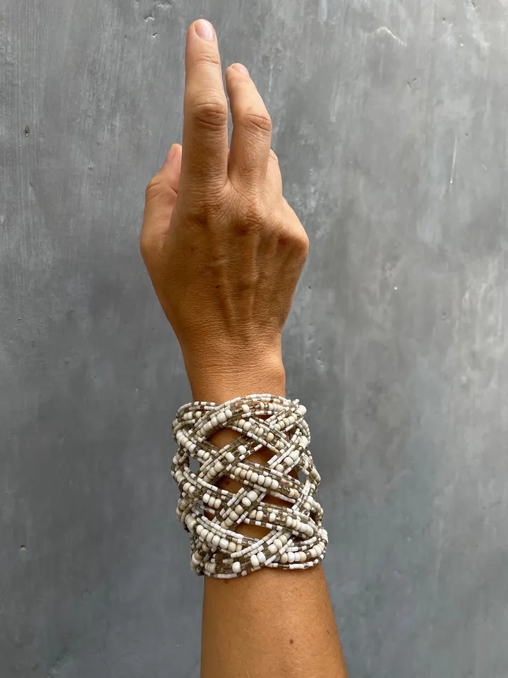 Wide Beaded Handmade Women Bracelet | White Bracelet | Bead Bracelet | Cream Summer Bracelet | Chic Bracelet | Evening  Classy Bracelet