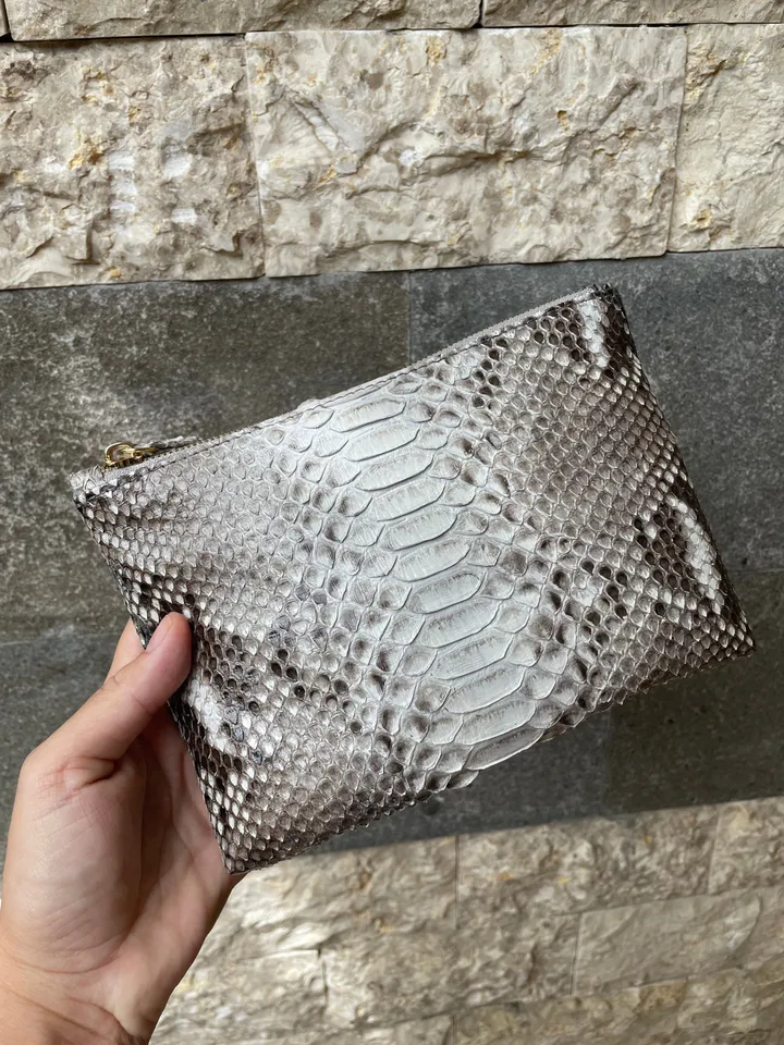 Genuine python skin grey cosmetic bag/ Purse Insert Organizer/ Bag Insert For Tote Bag/ exotic leather wallet / small snake skin clutch